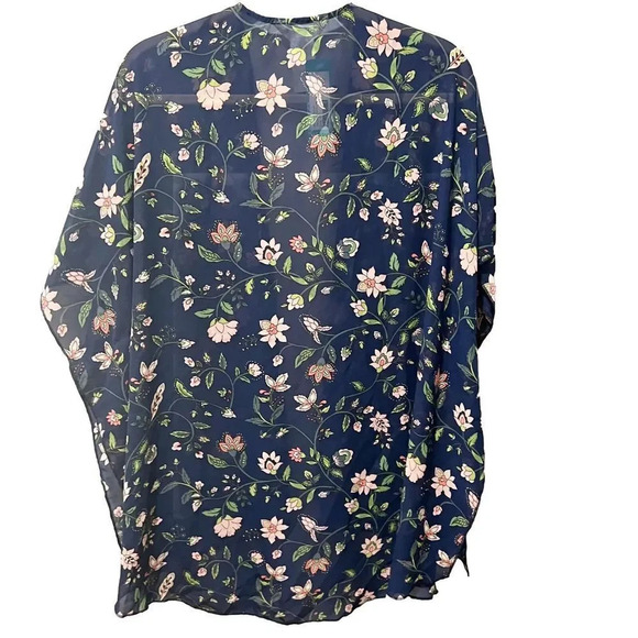 Market & Spruce Womens Blue Floral Kimono Duster Chiffon Woven S Open Sheer - Picture 2 of 11